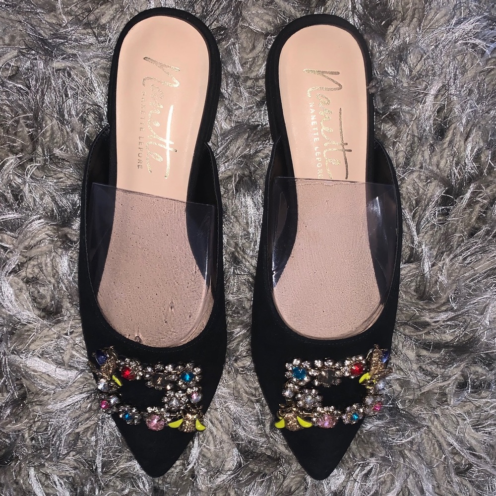 flats with flower and bee embellishments